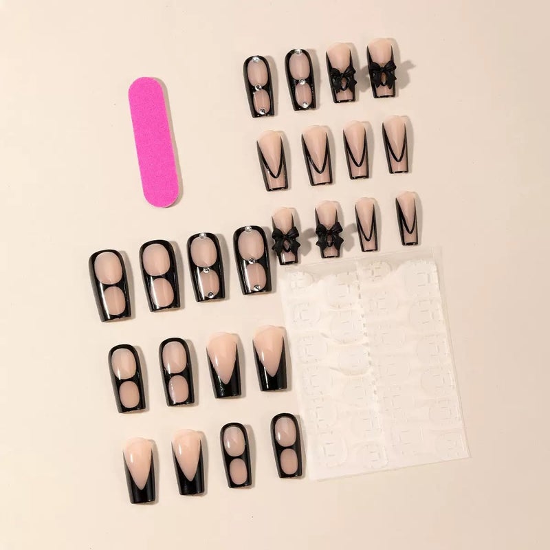 CTTHNBD Press on Nails Square - Black French Tip Fake Nails with Bow Rhinestone Design - Glossy Medium False Nails Press Ons- for Women Manicure 24 Pcs - Image 2